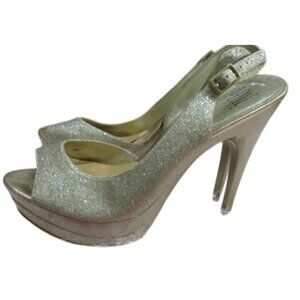 PELLE MODA Gleam Gold Glitter Slingback Pumps Heels size 8.5 Sexy Stilettos